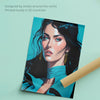Hyperreal anime painting. Anime Style. Light blue poster, black haired woman.