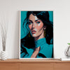 Hyperreal anime painting. Anime Style. Light blue poster, black haired woman.