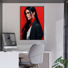 Hyperreal anime painting. Red poster. Long black hair girl