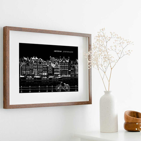 Amsterdam line art poster horizontal black - Kawaink
