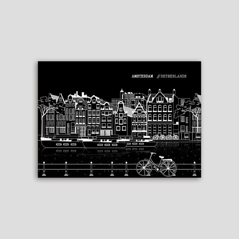 Amsterdam line art poster horizontal black - Kawaink