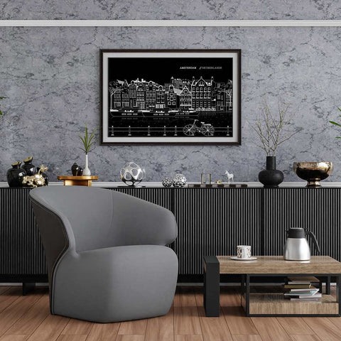 Amsterdam line art poster horizontal black - Kawaink