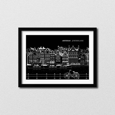 Amsterdam line art poster horizontal black - Kawaink