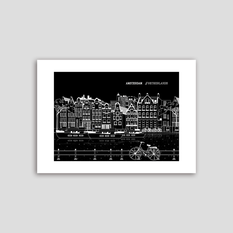 Amsterdam line art poster horizontal black - Kawaink