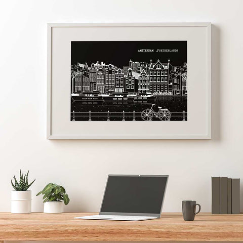 Amsterdam line art poster horizontal black - Kawaink