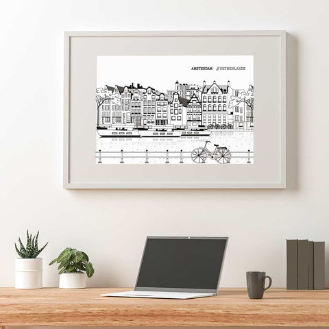 Amsterdam line art poster horizontal white - Kawaink