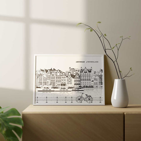 Amsterdam line art poster horizontal white - Kawaink