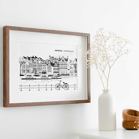 Amsterdam line art poster horizontal white - Kawaink
