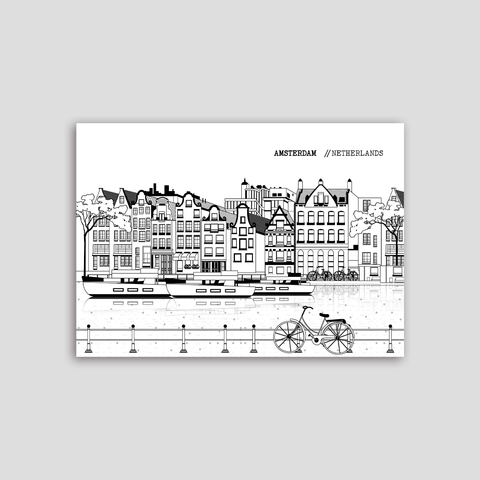 Amsterdam line art poster horizontal white - Kawaink