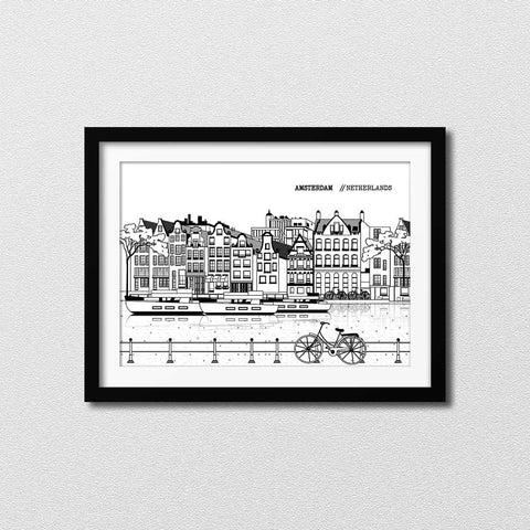 Amsterdam line art poster horizontal white - Kawaink