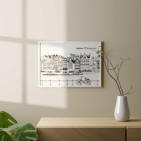 Amsterdam line art poster horizontal white - Kawaink