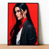 Hyperreal anime painting. Red poster. Long black hair girl