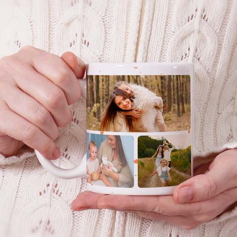 Personalisierte Fototasse mit Herzen – 4 Fotos und Namen/Text