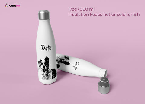 Your Pet on an aluminium Water Bottle. Digital illustration in Black. - Kawaink