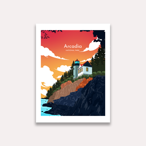 Arkadien, Nationalpark. Sonnenuntergang-Plakat