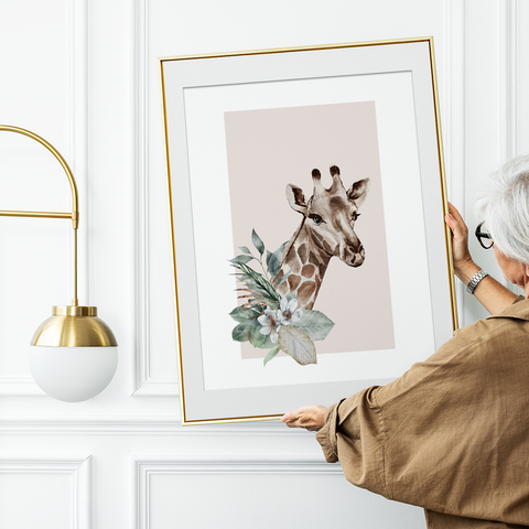 Giraffe & Flowers minimalist poster - Kawaink