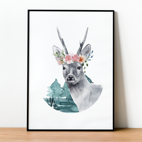 Cartel minimalista de ciervos y flores.
