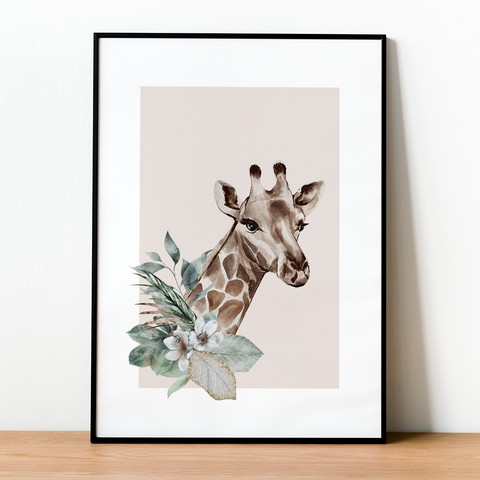 Giraffe & Flowers minimalist poster - Kawaink