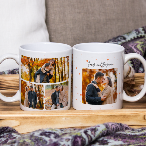 Personalized photo mug with hearts - 4 photos and names/text