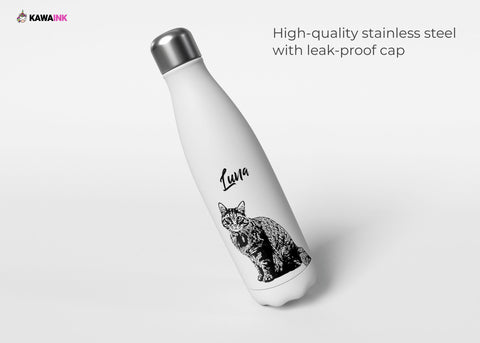 Your Pet on an aluminium Water Bottle. Digital illustration in Black. - Kawaink