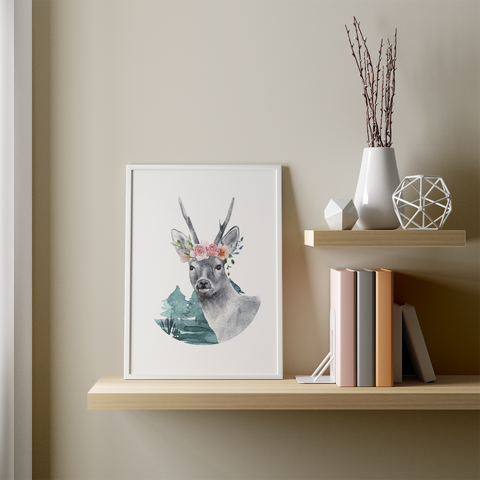 Affiche minimaliste cerf et fleurs