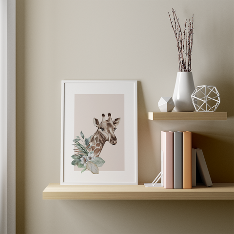Giraffe & Flowers minimalist poster - Kawaink