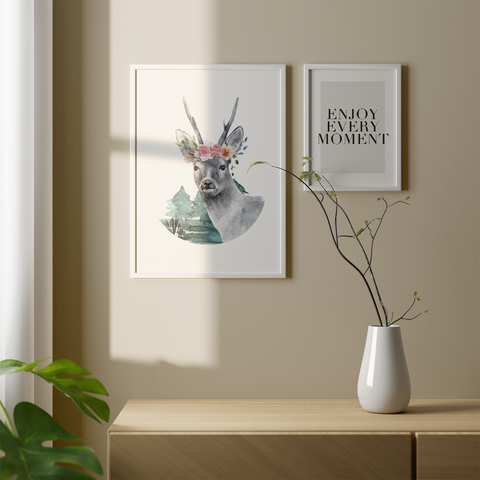 Cartel minimalista de ciervos y flores.