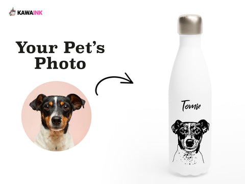 Your Pet on an aluminium Water Bottle. Digital illustration in Black. - Kawaink