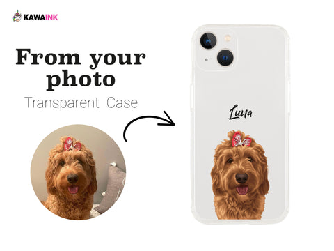Transparente Hülle mit handgezeichneter Illustration Ihres Haustieres und Namens. Für iPhone oder Samsung