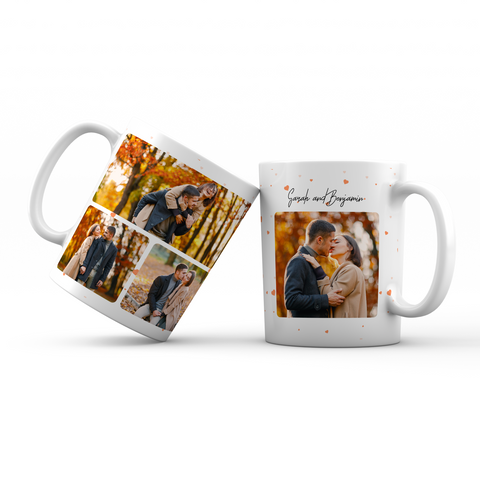 Personalized photo mug with hearts - 4 photos and names/text