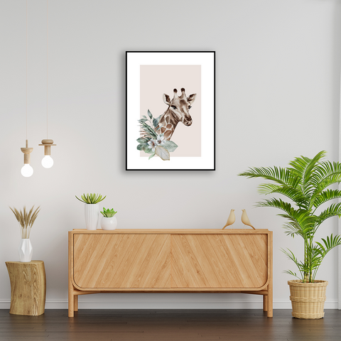Giraffe & Flowers minimalist poster - Kawaink